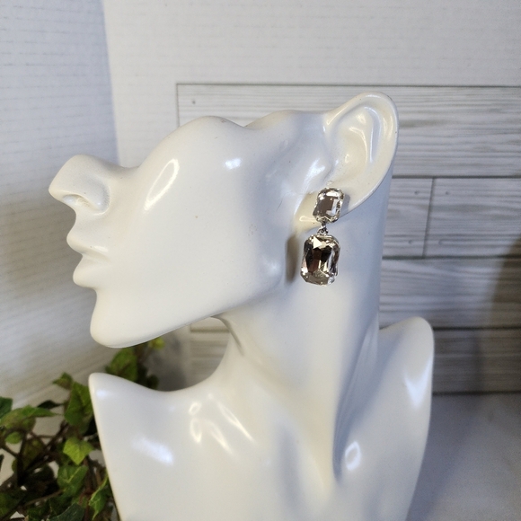 Silver Emerald Cut Crystal Drop Earrings - Picture 3 of 6